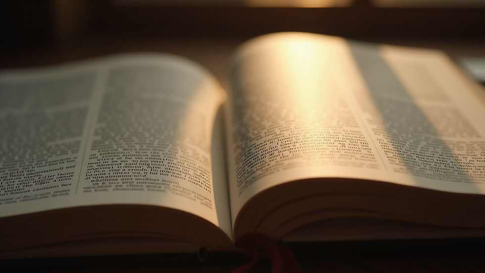 Close-up view of an open Bible with light shining on the pages