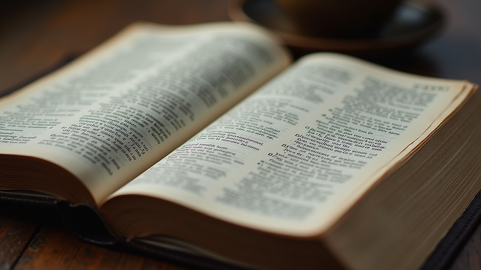 Close-up view of a worn open Bible with highlighted passages