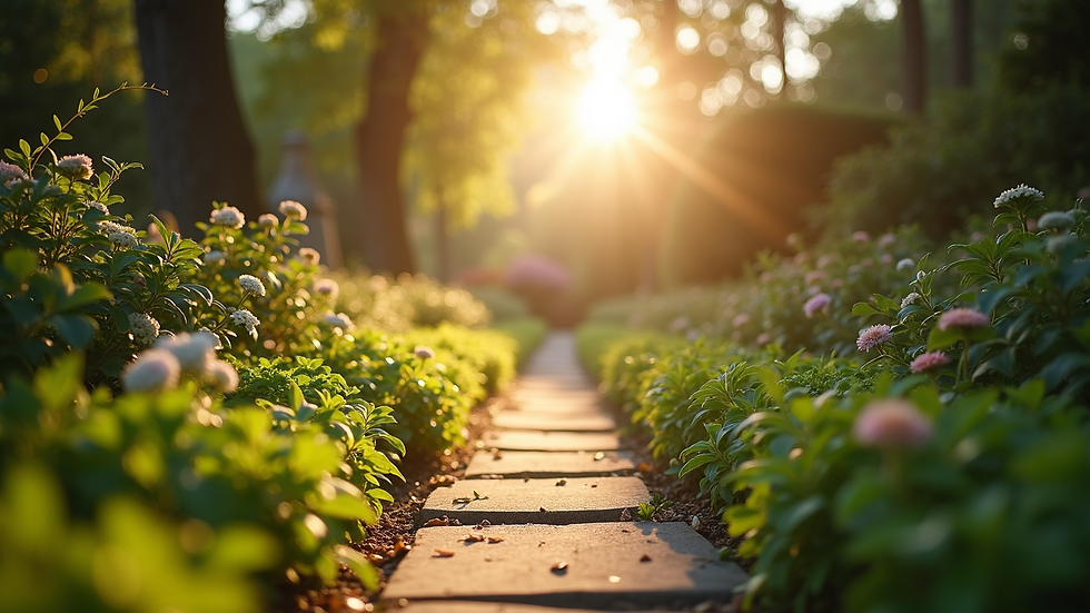 Eye-level view of a serene garden path leading to a bright sunlight
