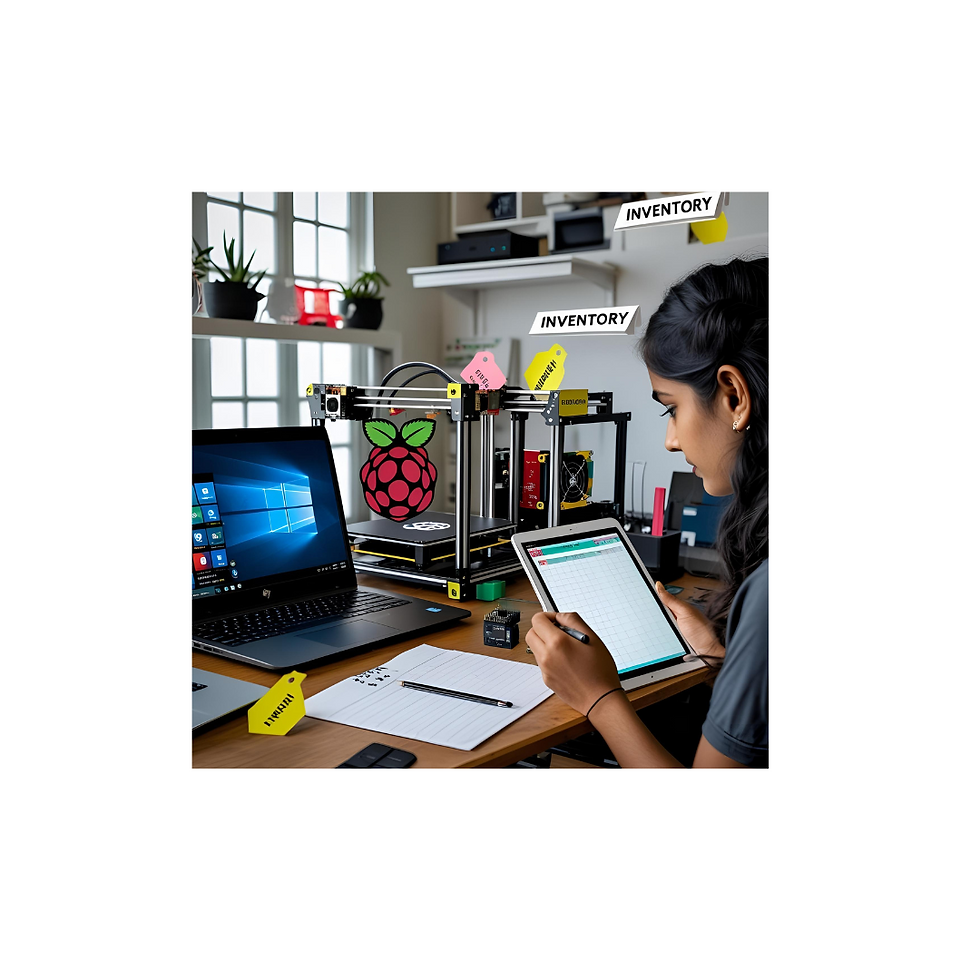 Ένα γραφείο δημιουργού γεμάτο tech gear (laptop, 3D printer, Raspberry Pi, switches) με tags “inventory” επάνω, και ένας hobbyist να καταγράφει σε ένα tablet.