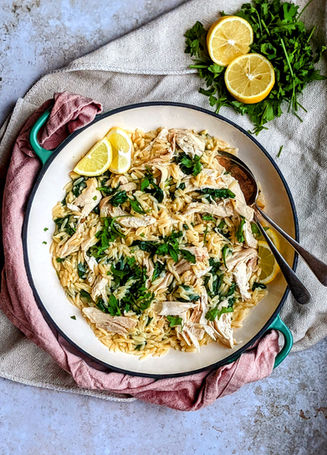 Cypriot style Poached chicken with Lemon and spinach orzo 