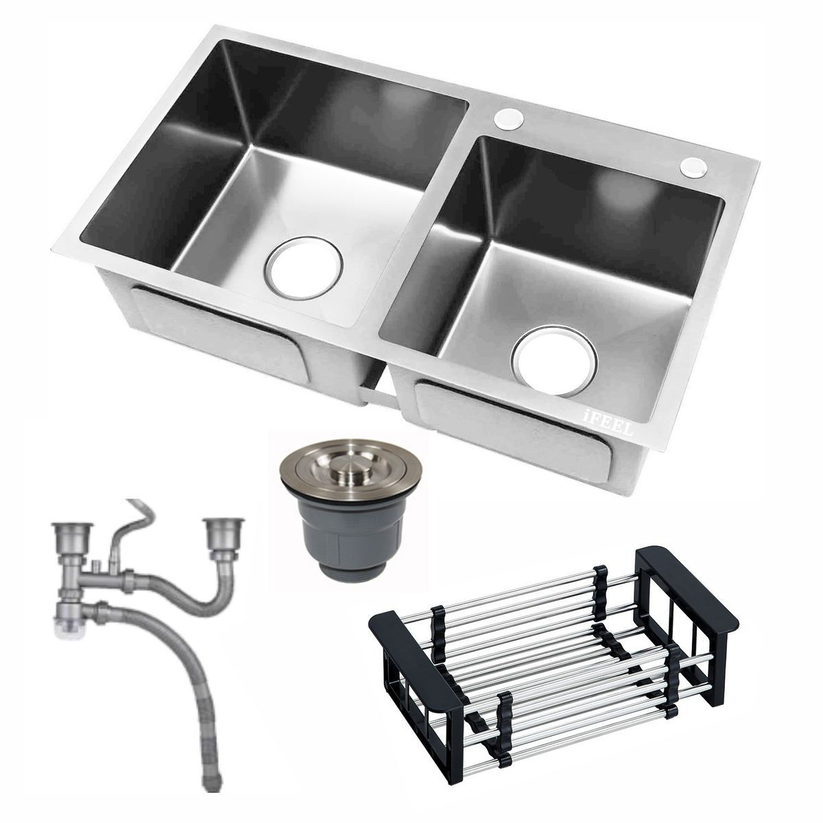 IFEEL Double Bowl Kitchen Sink with Downspout & Drain Basket - 82x45x22 - Silver
