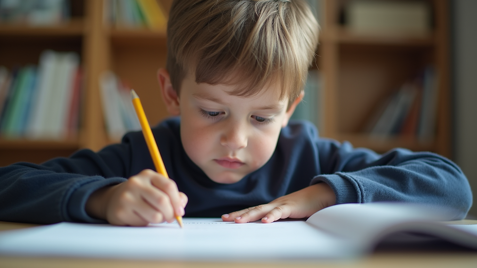 Eye-level view of a child studying with a focused expression