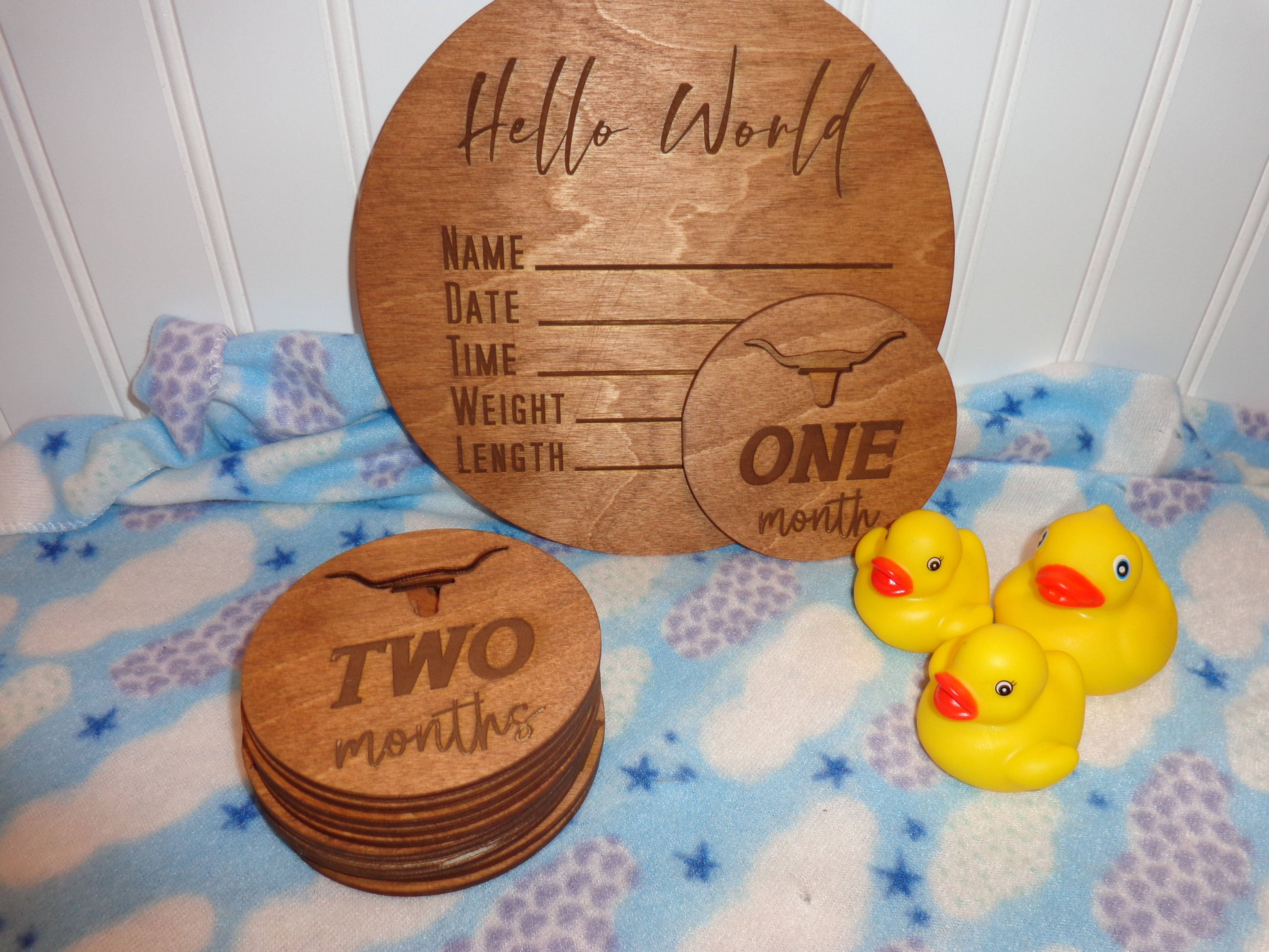 Hello World Round Wooden Birth Announcement w/ Round Monthly Milestone Markers