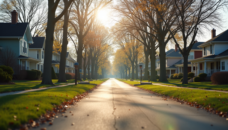 Eye-level view of a charming Ohio neighborhood street with houses and trees