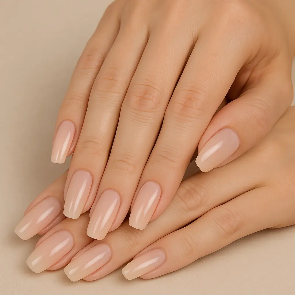 Elegante, lange Gelnägel in natürlichem Nude-Look nach Auffüllen – stilvolle Frauenhände in Nahaufnahme