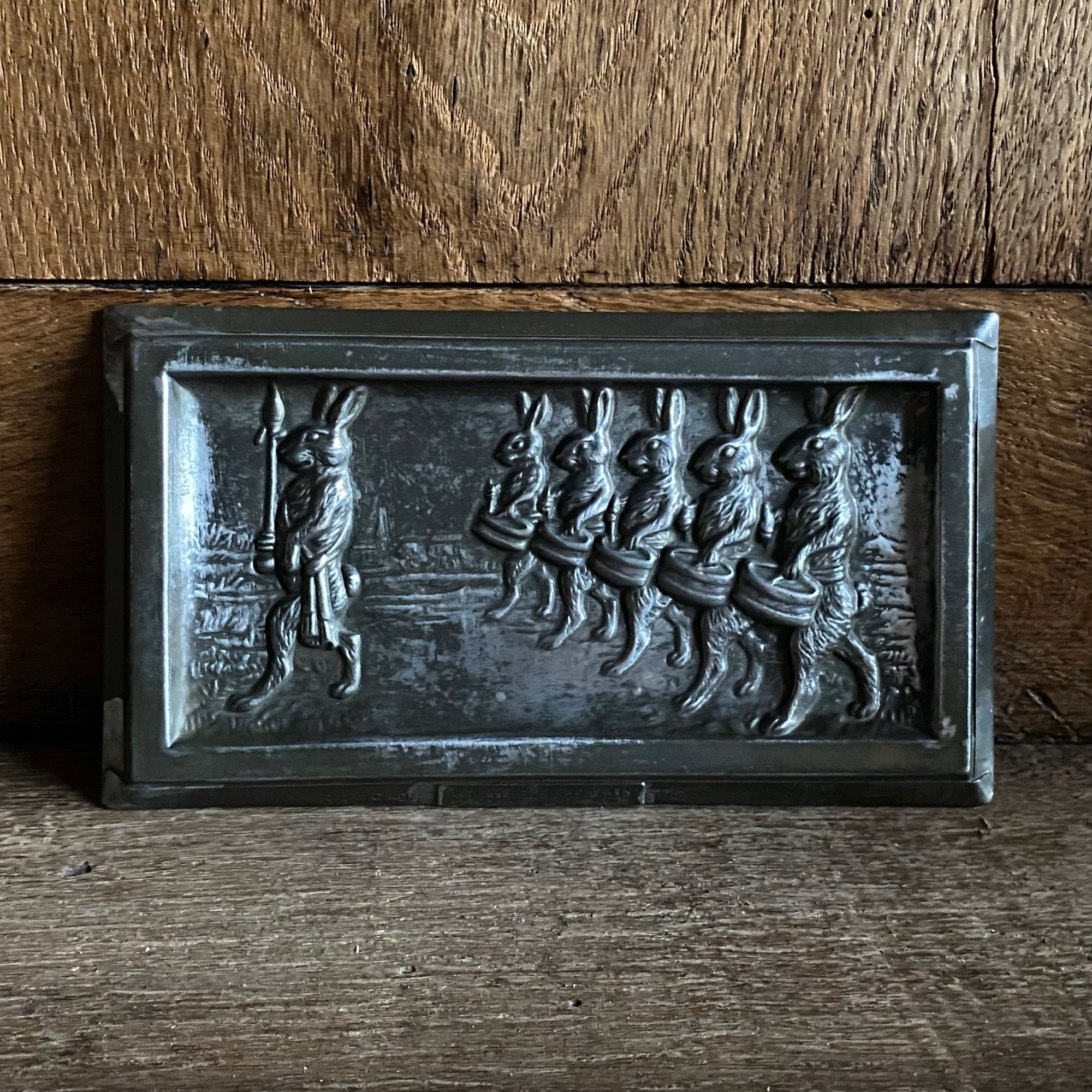 Rare antique chocolate mold / postcard mold RABBIT PARADE, approx. 17.5 cm