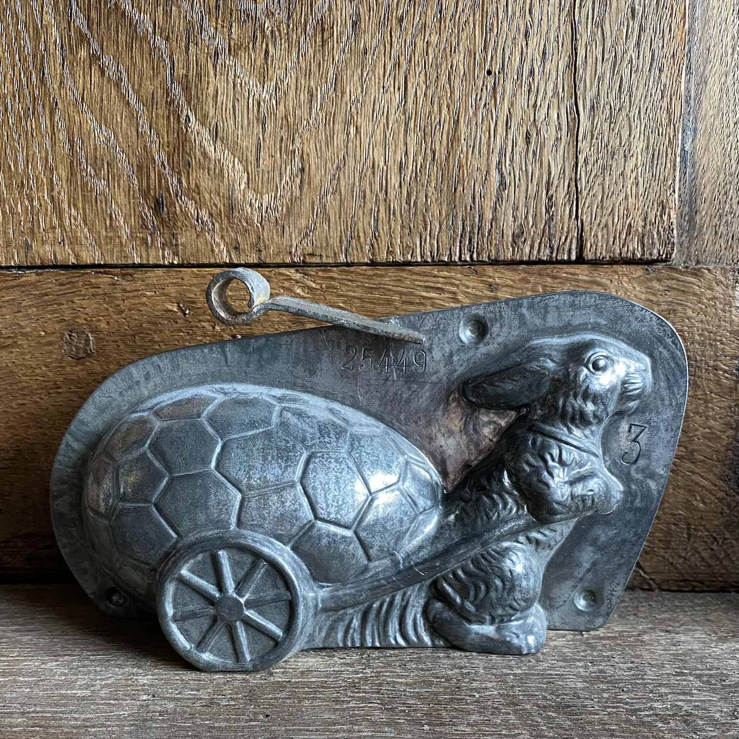 Rare antique chocolate mold RABBIT WITH EGG CART, 16 cm