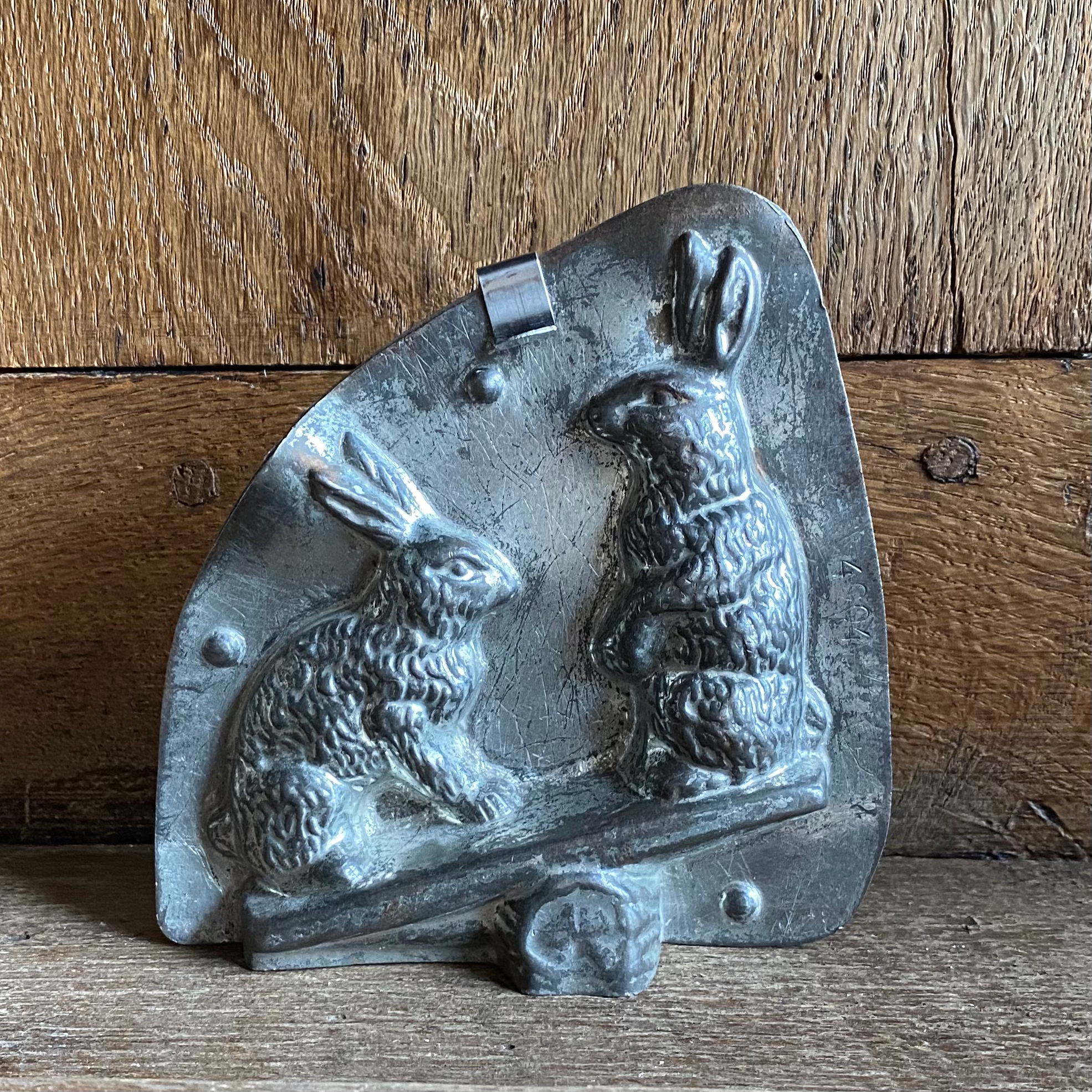 Rare antique chocolate mold TWO RABBIT ON ROCKER, approx. 12.5 cm