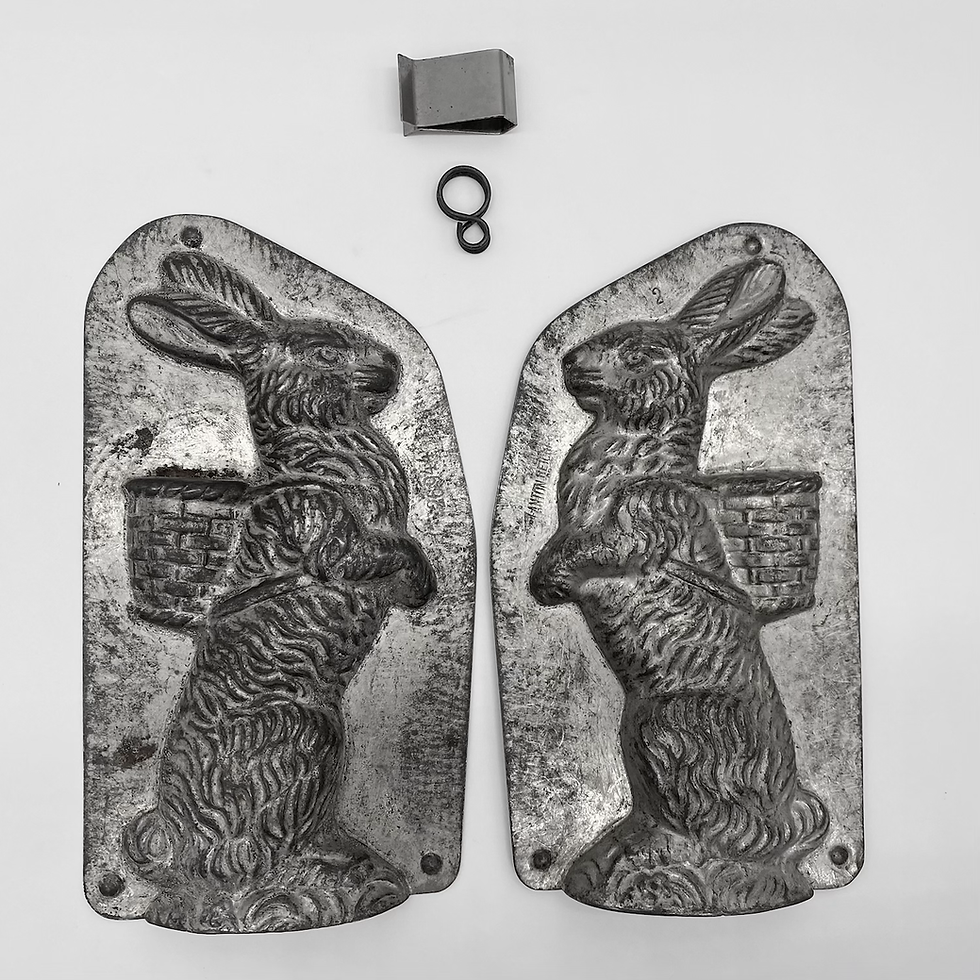 Thumbnail: Rare antique chocolate mold RABBIT WITH BASKET, approx. 25 cm