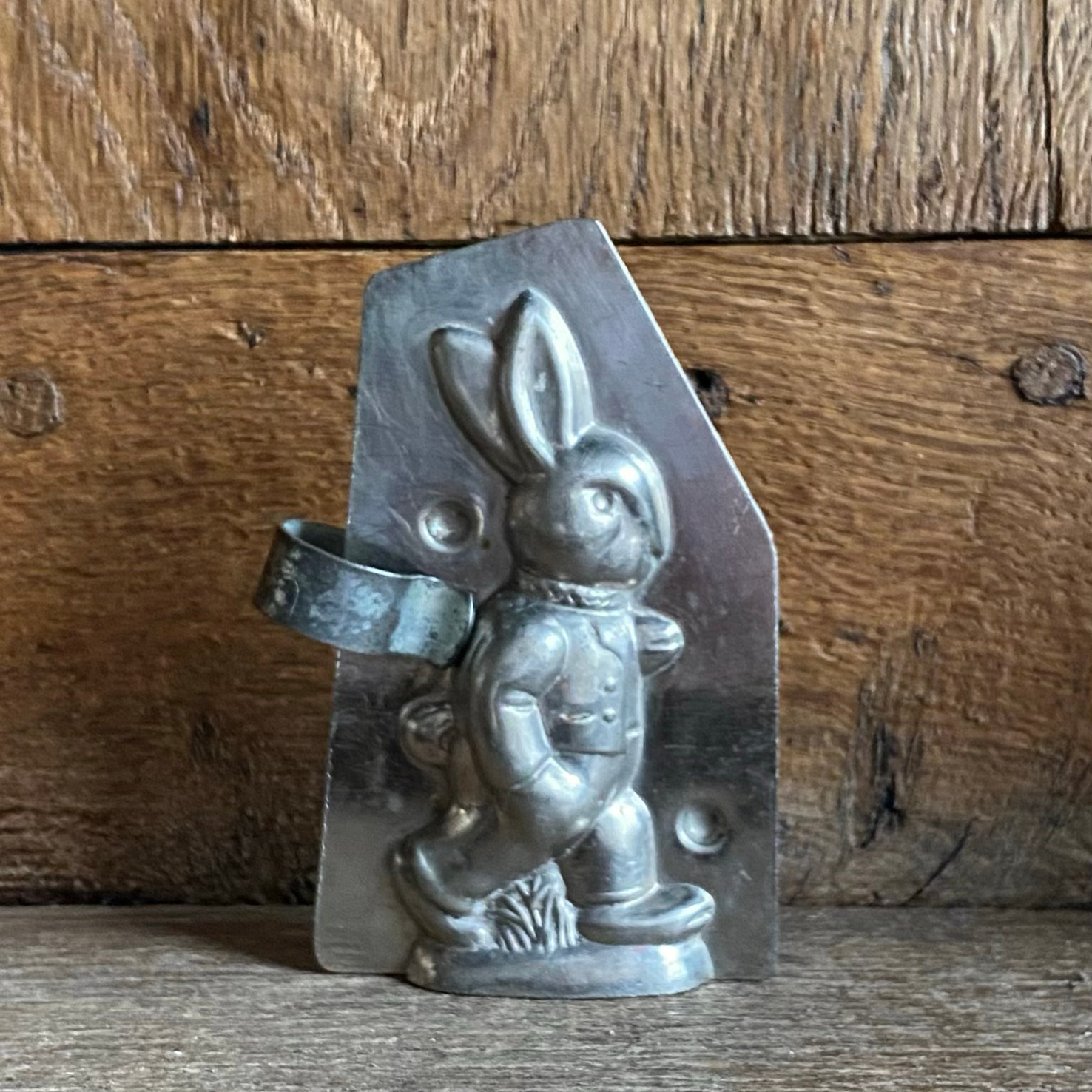 Rare antique chocolate mold SMALL WALKING RABBIT WITH BASKET, approx. 10 cm