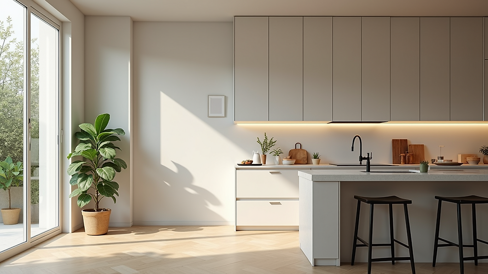 Wide angle view of a spacious kitchen rendered in 3D with natural light