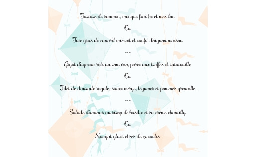 Menu de pâques 30,00 € servi le dimanche midi et le dimanche soir.