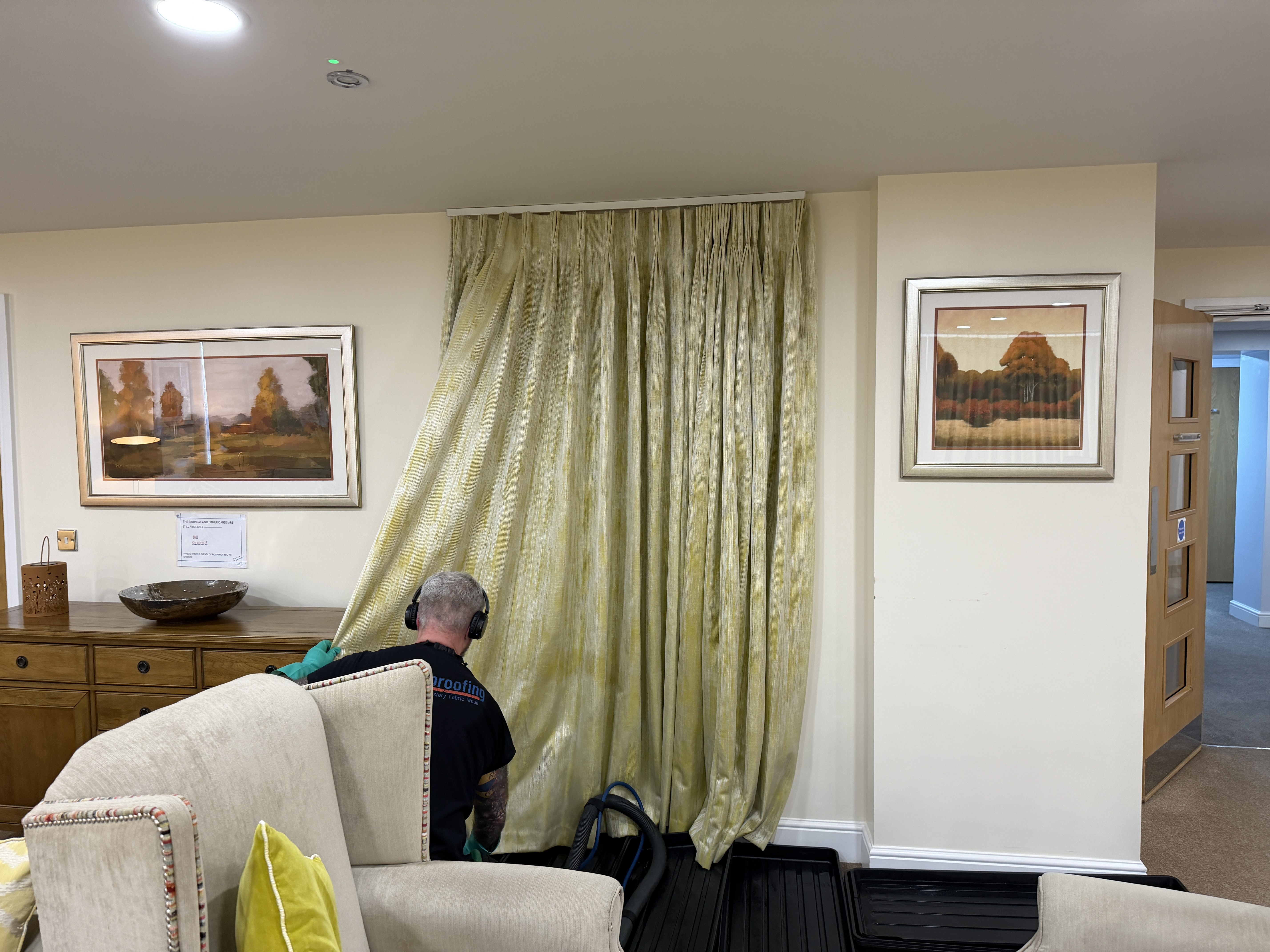Curtain cleaning and fireproofing in progress