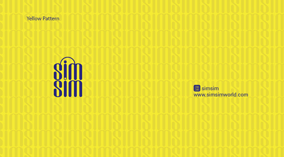 شعار simsim أزرق على خلفية صفراء مع هوية بصرية ومعلومات التواصل.