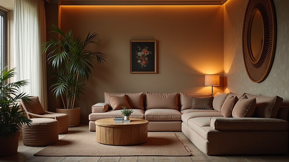 Eye-level view of a cozy lounge area with comfortable seating