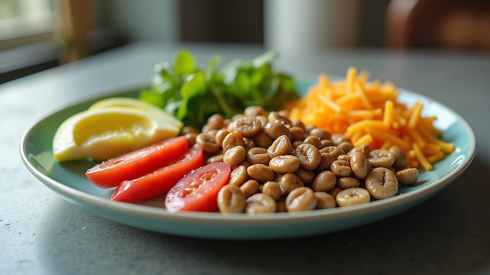 Eye-level view of a colorful plate with balanced sports nutrition meal