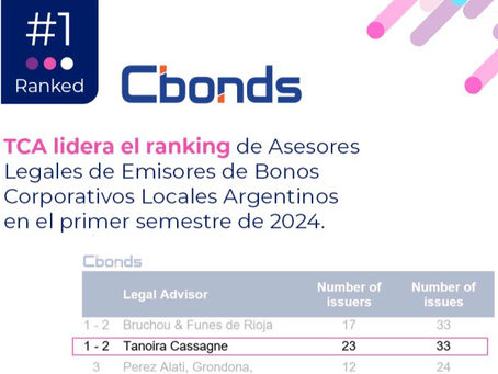 TCA Tanoira Cassagne lidera el ranking publicado por Cbonds de Asesores Legales de Emisores de Bonos Corporativos Locales Argentinos