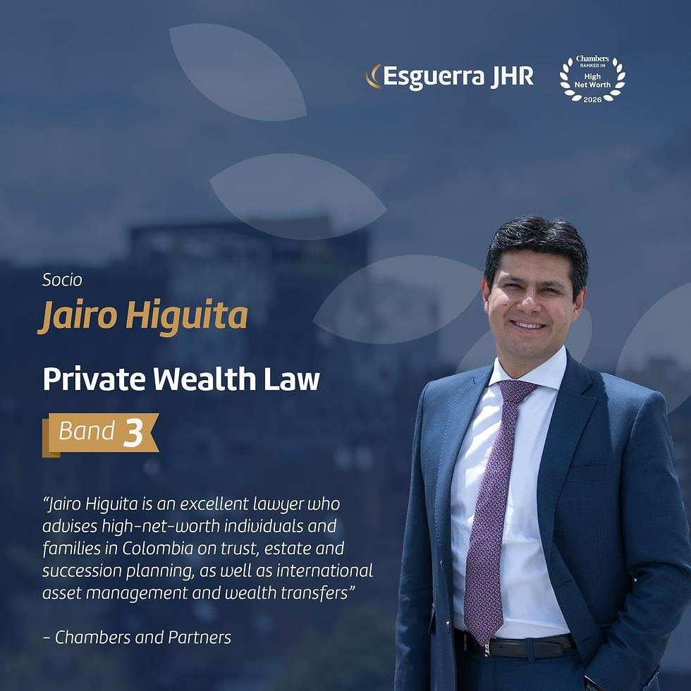 Julián Jiménez y Jairo Higuita, socios de Esguerra JHR, reconocidos en la guía High Net Worth 2026 de Chambers and Partners