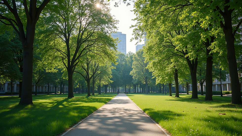 Wide angle view of a lush urban park with diverse trees and pathways