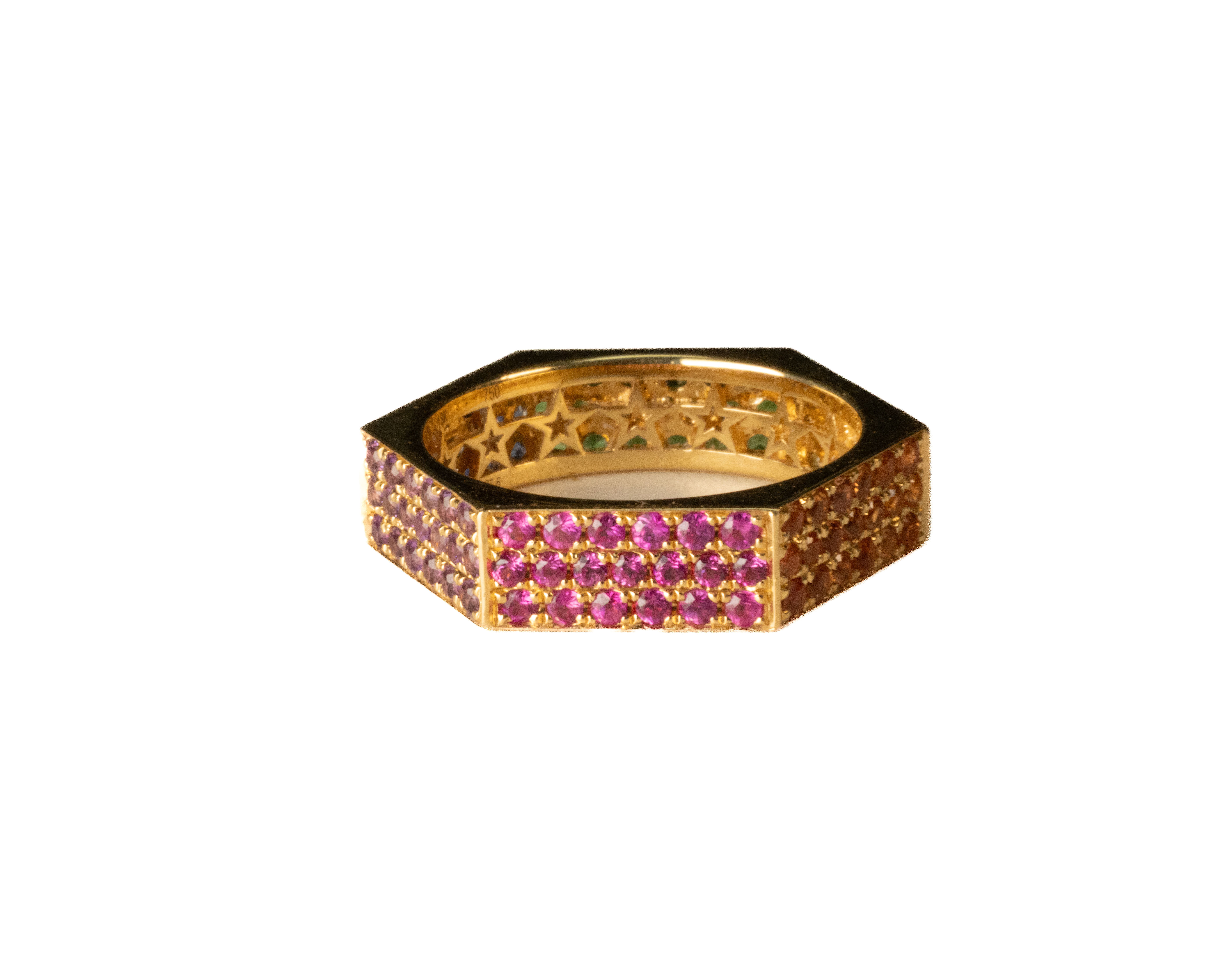 Hexagon ring with Sapphire and Ofira Jewels branding.