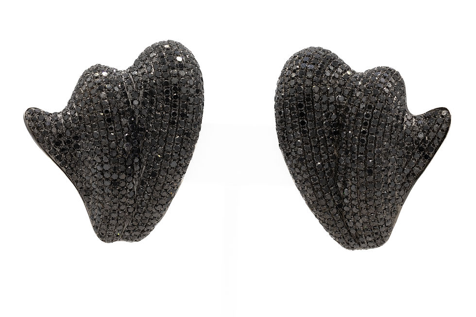 Two black fan earrings on white background, Ofira Jewels.