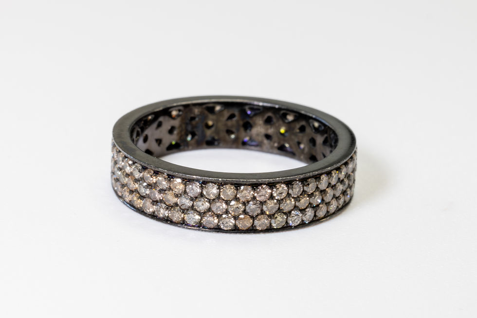Close-up of a black gold band ring with small diamonds displayed elegantly.