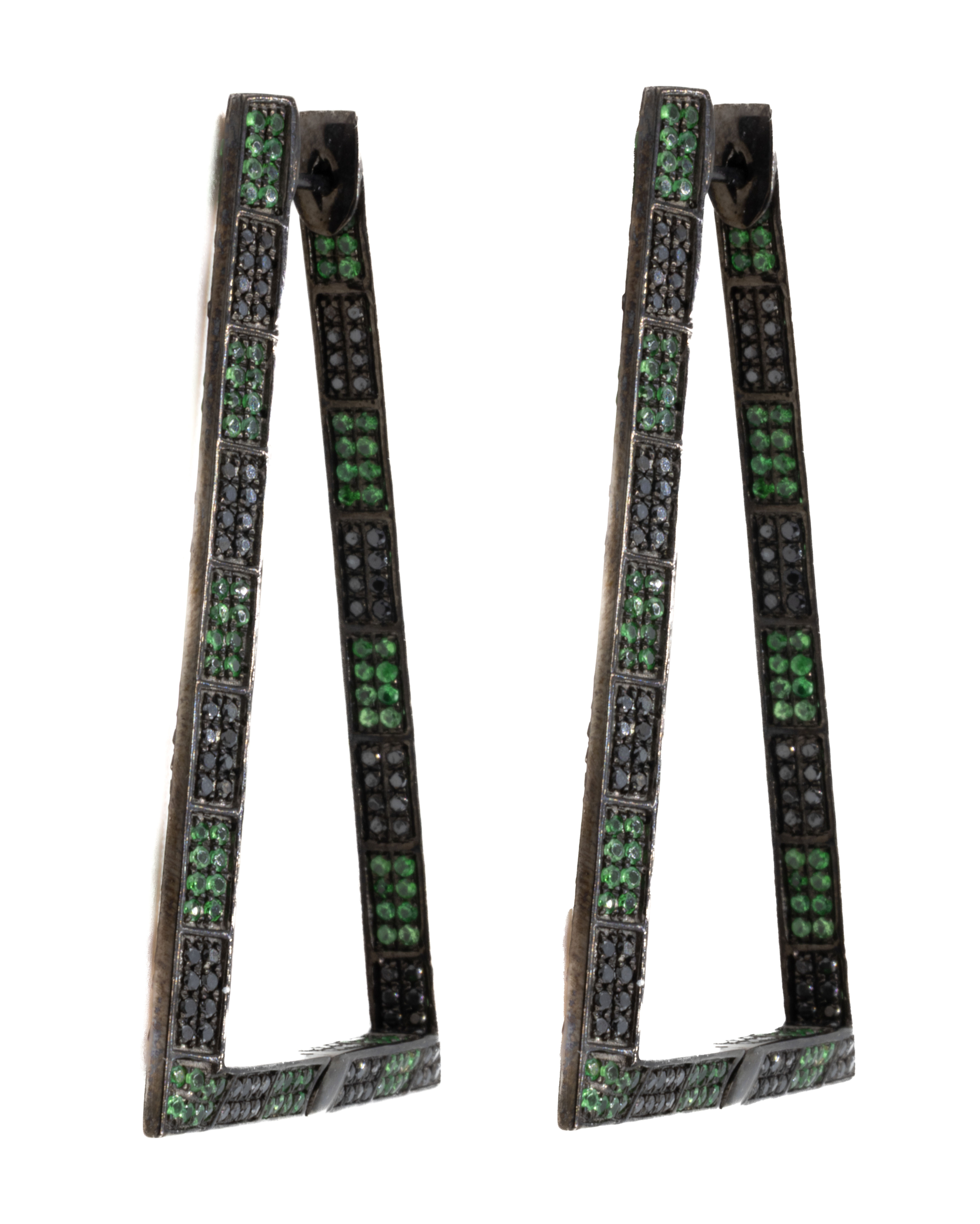 Elegant triangular earrings with green and black stones; Ofira Jewels.