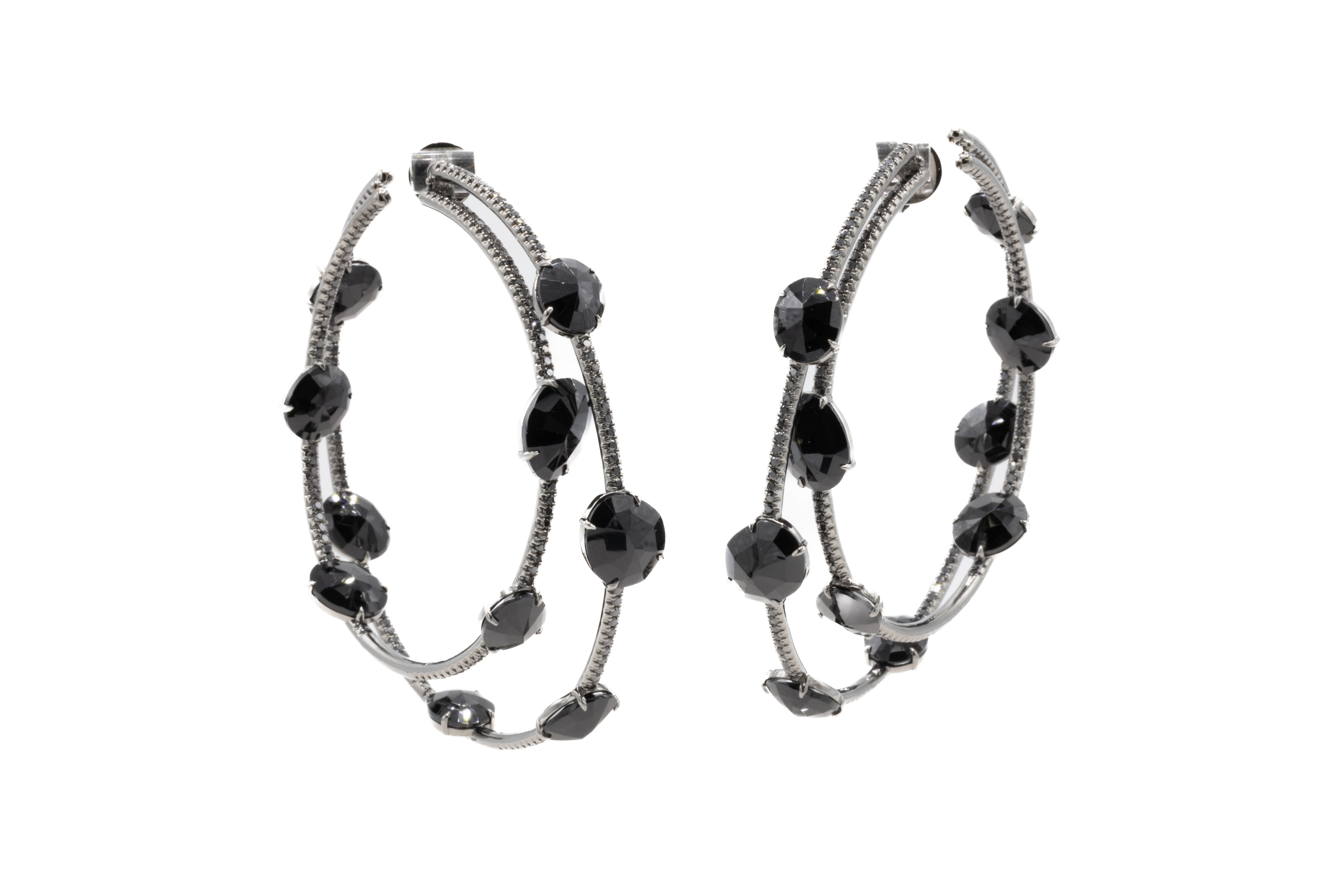 Pair of hoop earrings withBlack Diamond  gemstones, elegant design of Ofira Jewels.