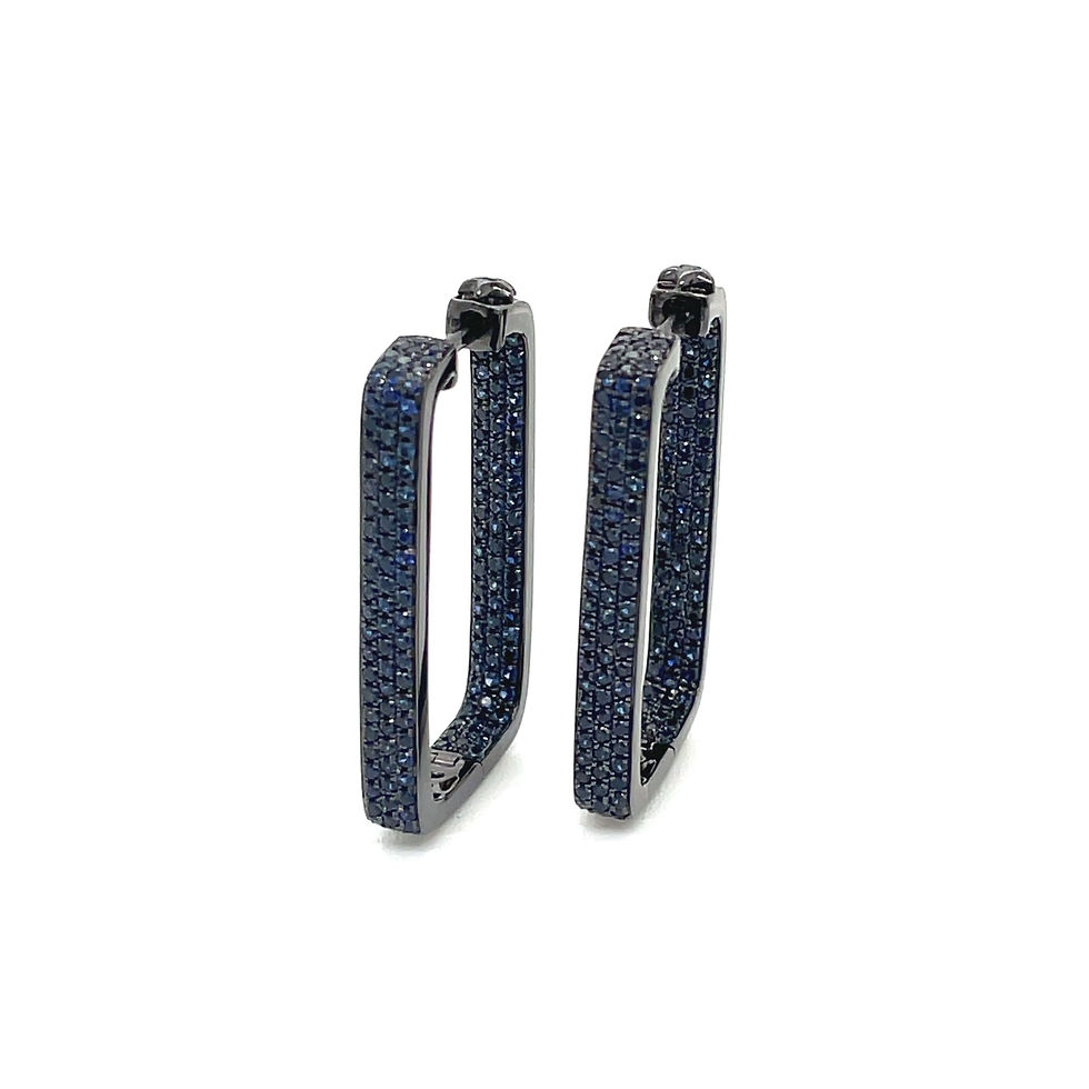 Two black, square-shaped earrings with blue stones on white background of Ofira Jewels.