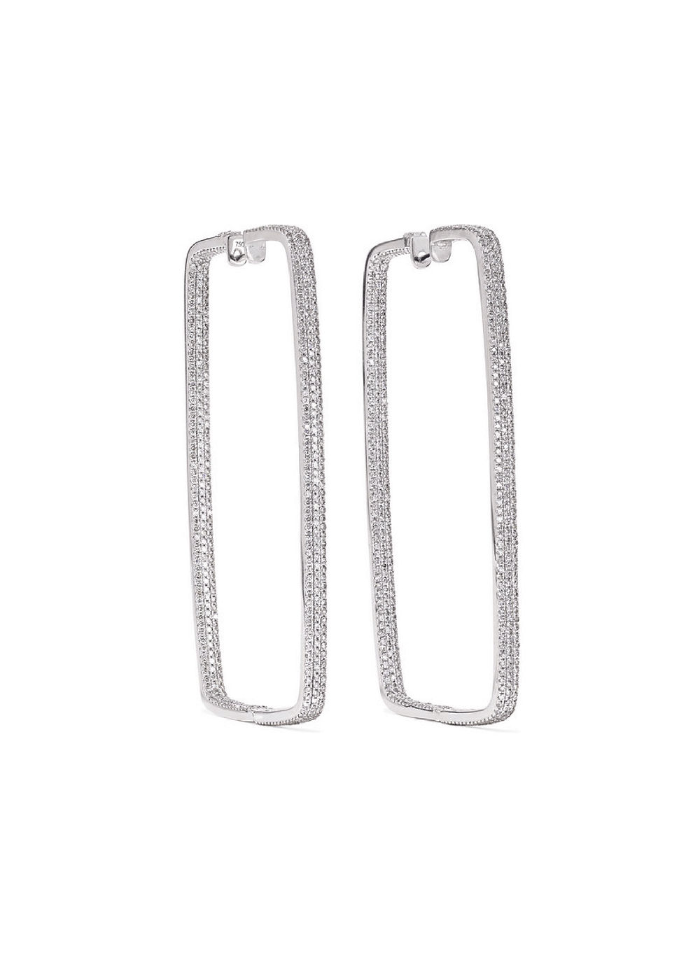 Pair of rectangular diamond earrings on white background, Ofira Jewels