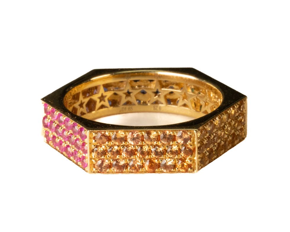 Miniature : Hexagon ring with Sapphire and Ofira Jewels branding.