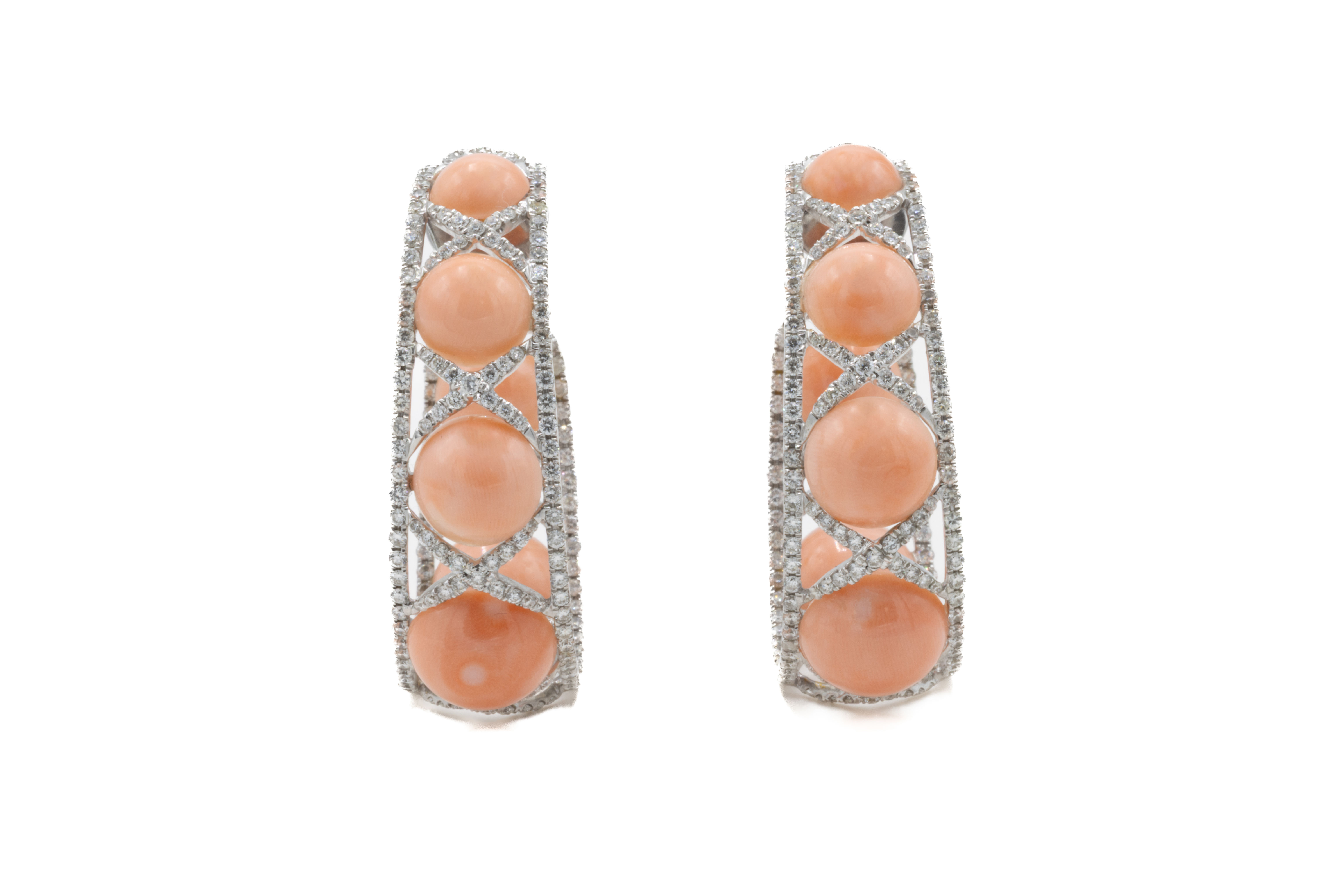 Pair of coral earrings with diamonds and Diamond Chalcedony Drops. Ofira Jewels