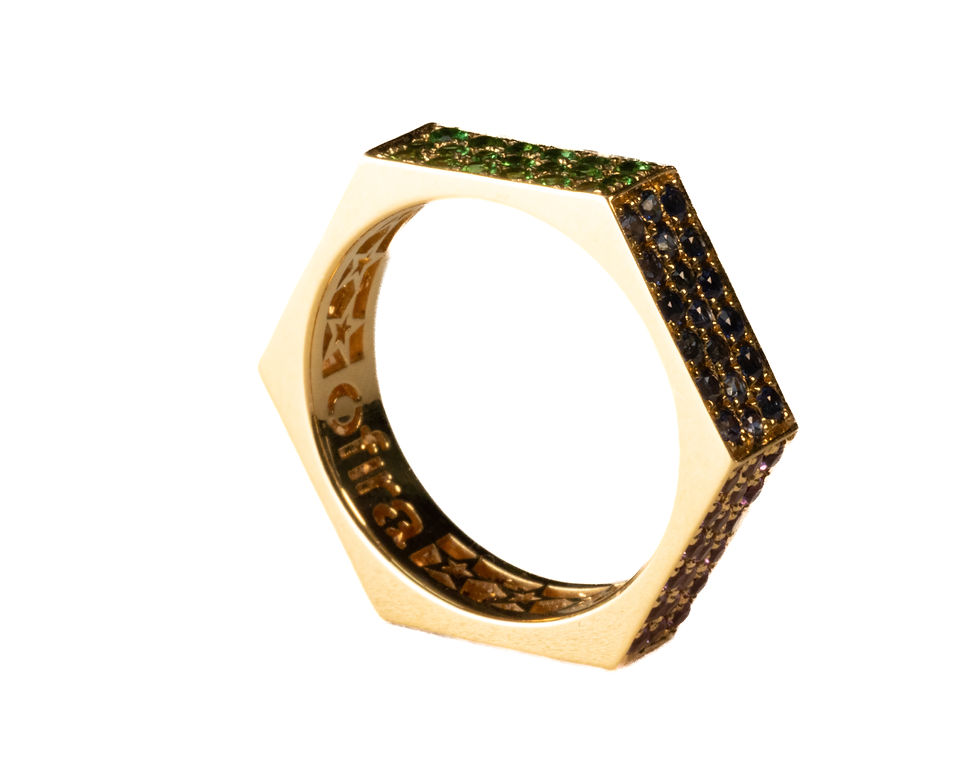 Miniature : Hexagon ring with Sapphire and Ofira Jewels branding.