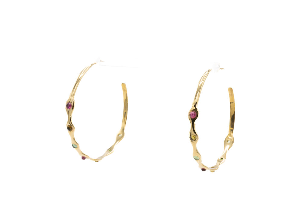 Pair of gold hoop earrings with gems, isolated on white background.