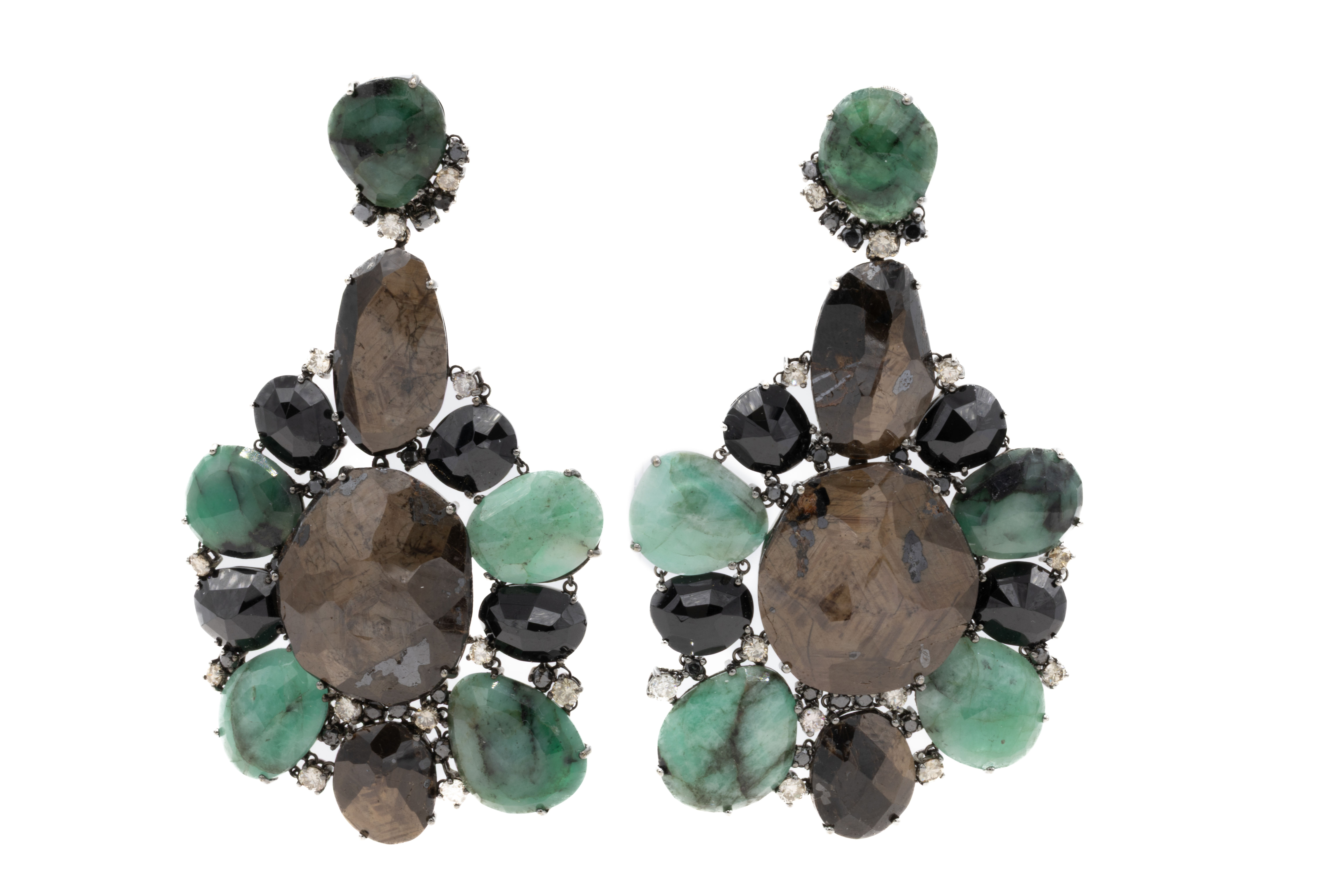 Pair of green and brown gemstone earrings with various cuts and shapes Ofira Jewels