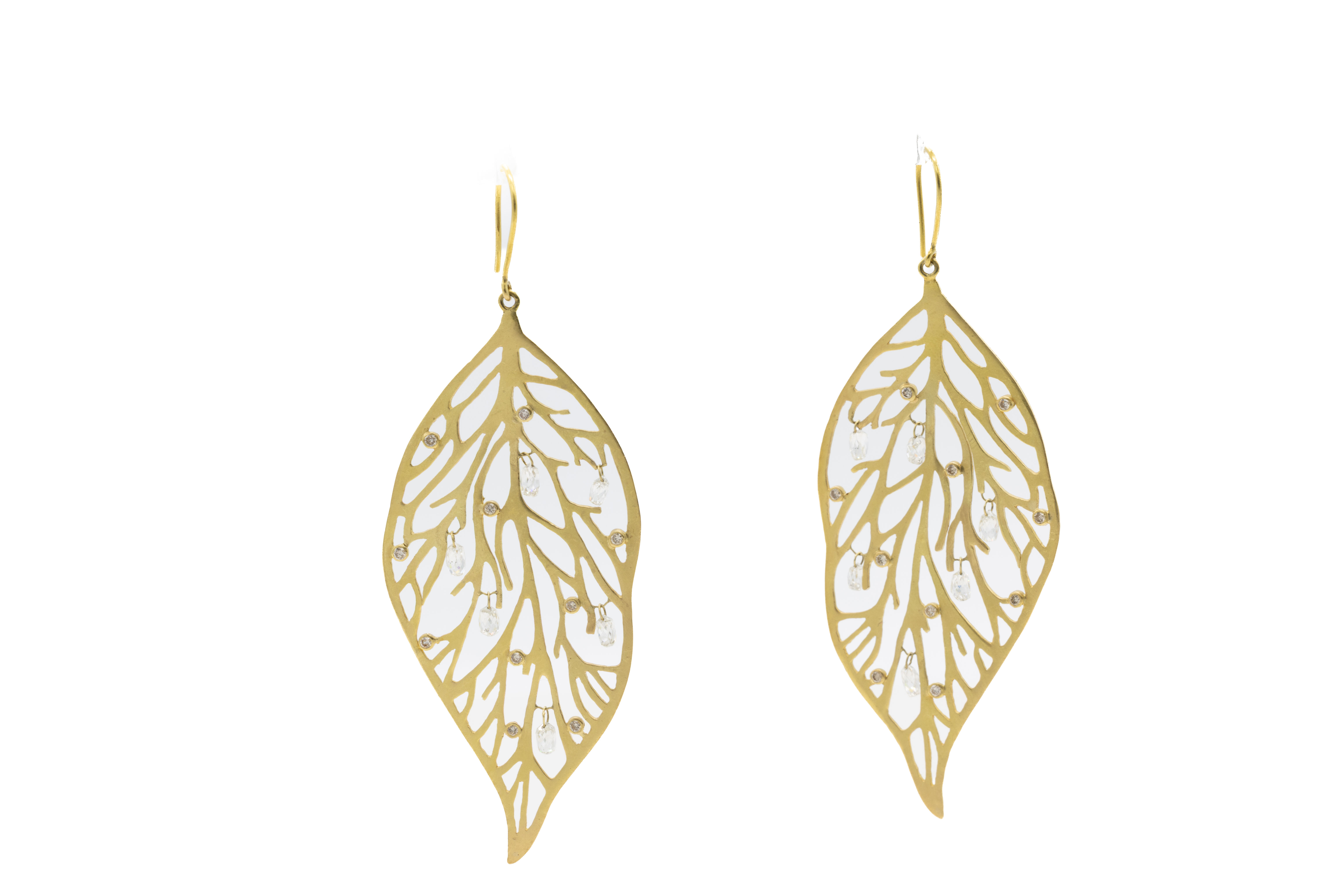 Gold leaf earrings with white accents, of Ofira Jewels, elegant design.