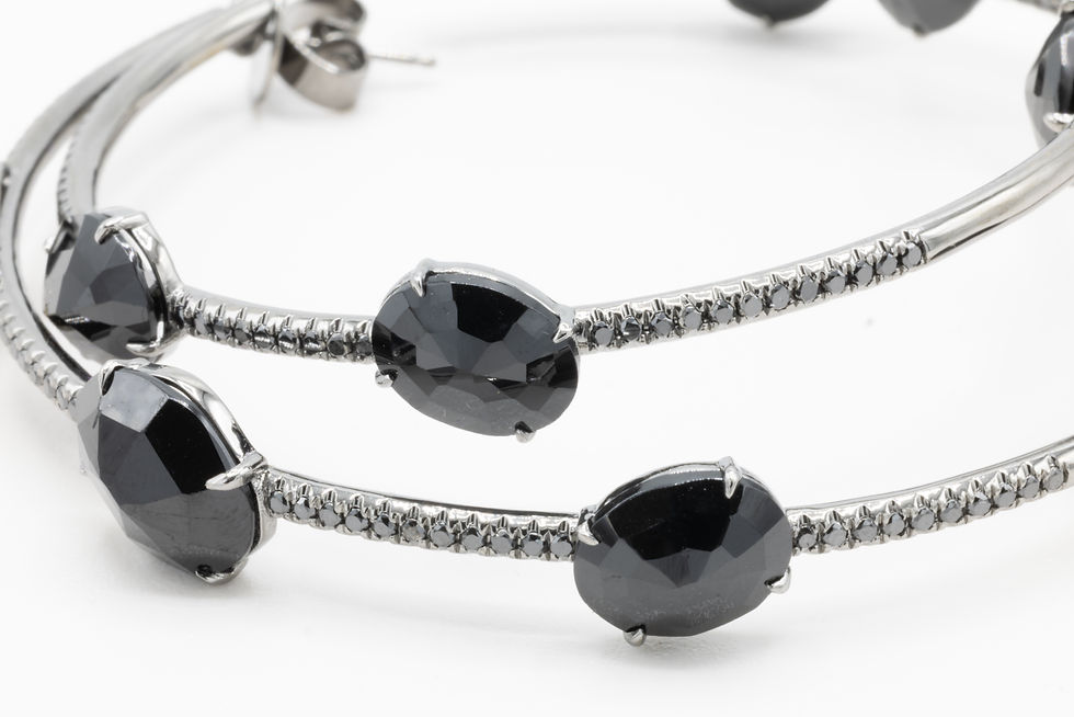 Close-up of hoop earrings, black stones,  Ofira Jewels.