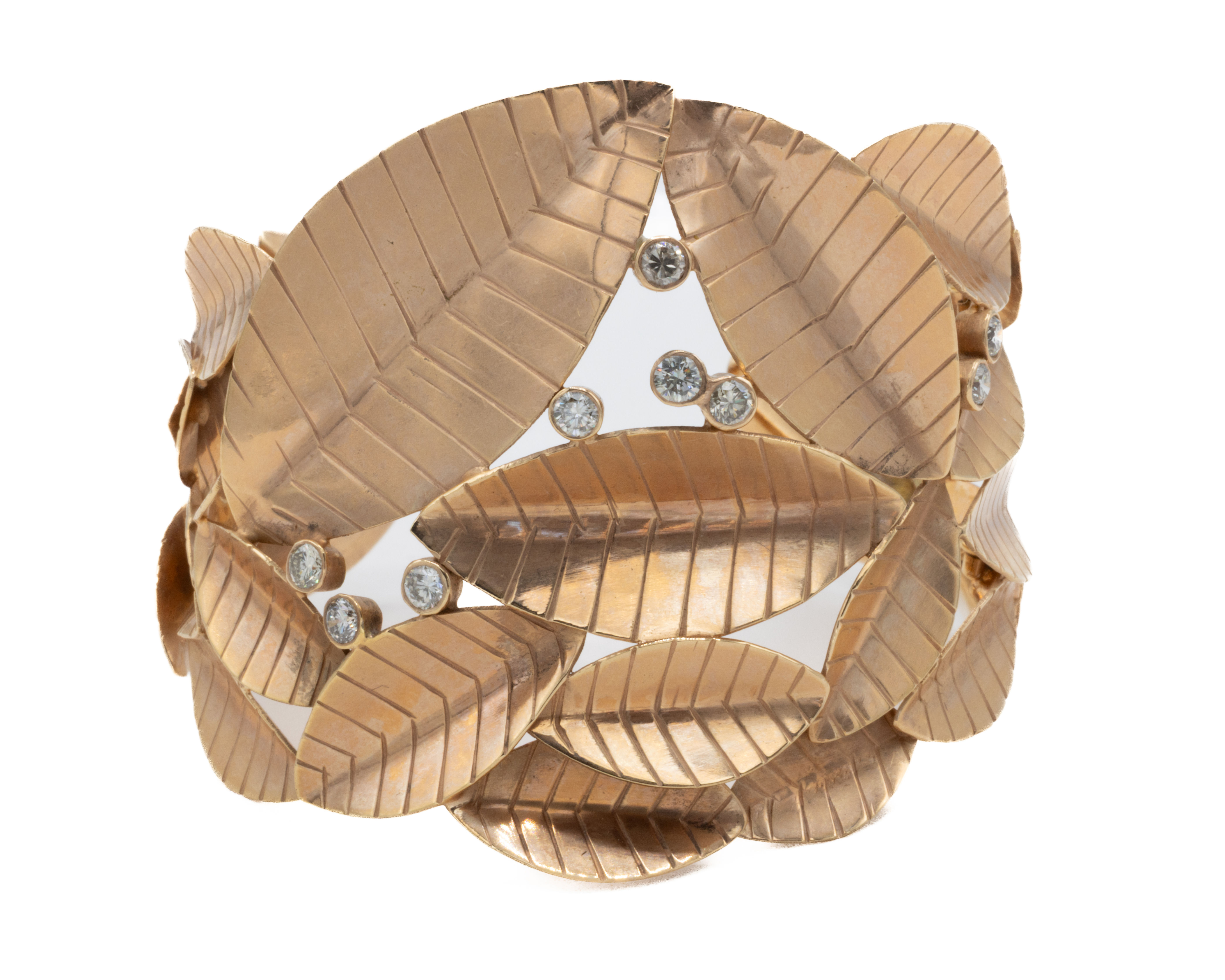 Gold leaves bracelet with diamonds, elegant design, Ofira Jewels, white background