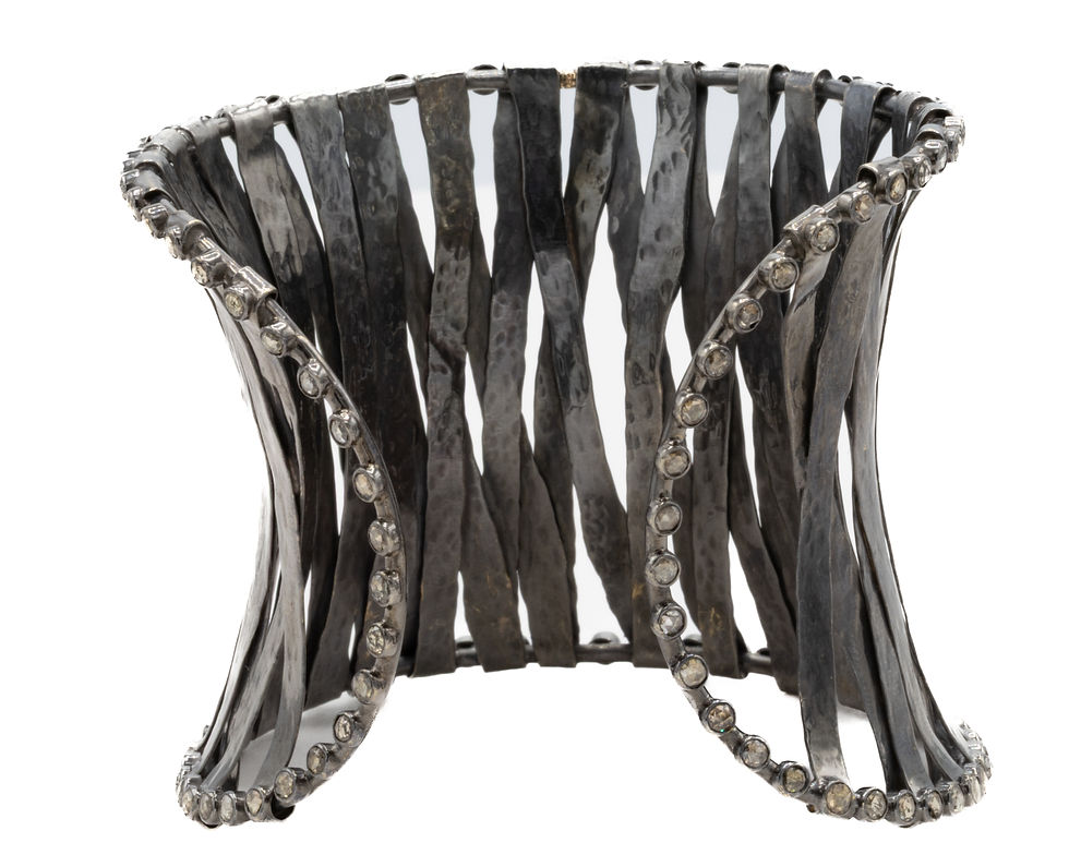 Miniaturbild: Woven silver bracelet with diamond accents. Circle Weave Cuff. Elegant jewelry design by Ofira Jewels