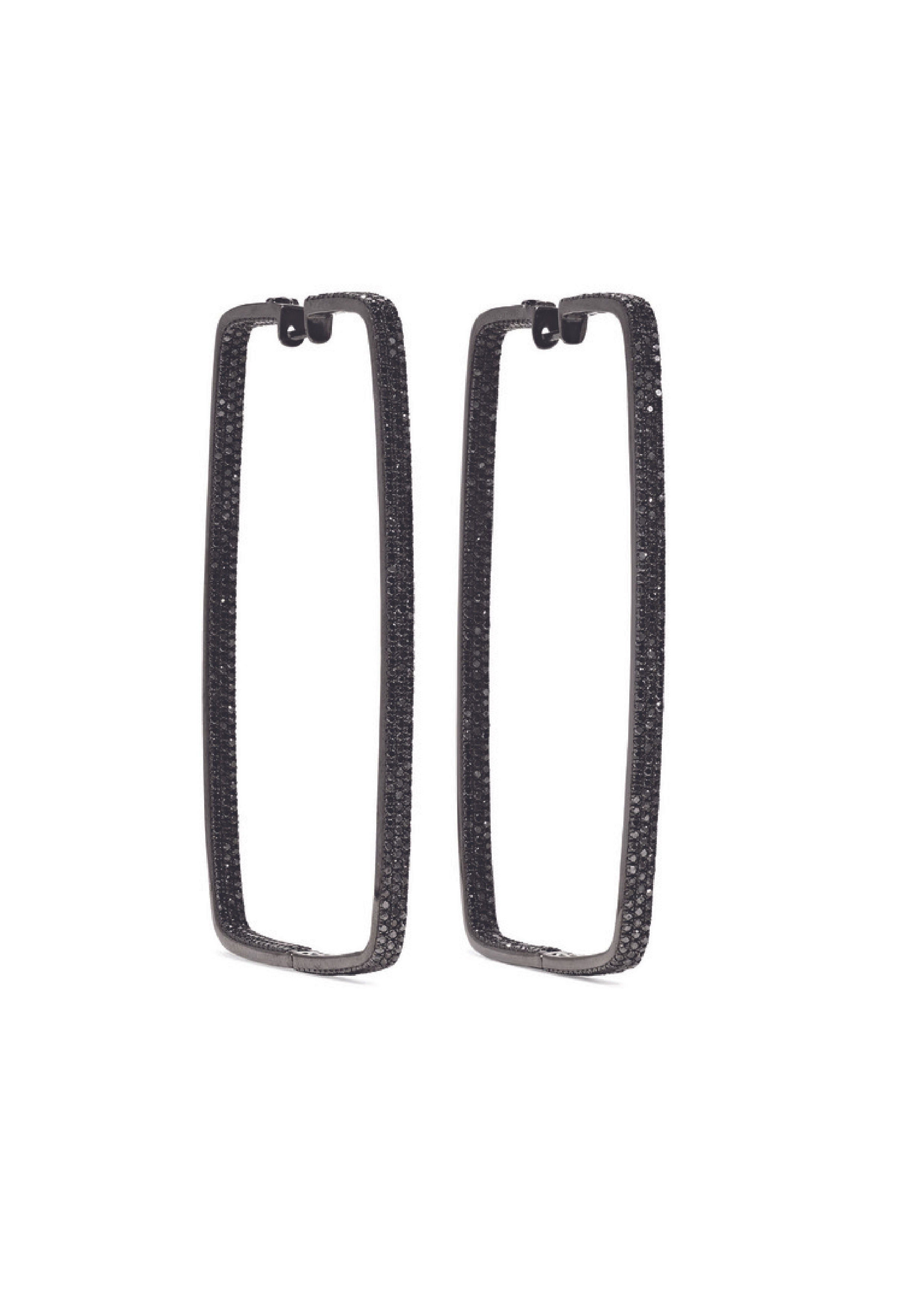 Rectangular black earrings with dark stones, isolated on white background.
