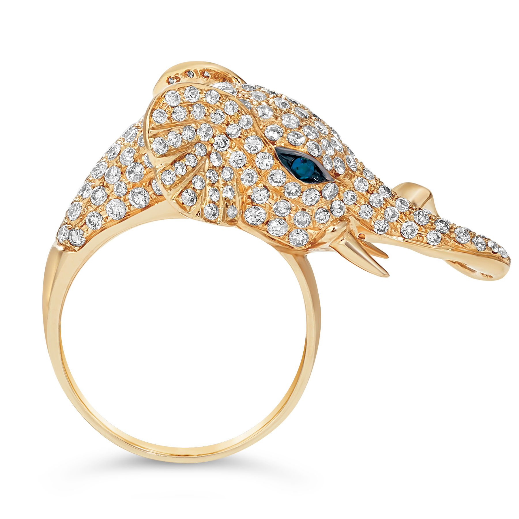 Gold elephant ring with diamond accents and blue eye, Ofira Jewels.