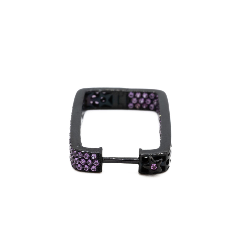 Miniature : Black square earring with pink gems. Elegant jewelry design. Ofira Jewels.