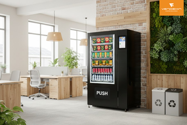 Smart vending machine in a modern office, supporting food waste reduction through data driven and efficient self service retail.