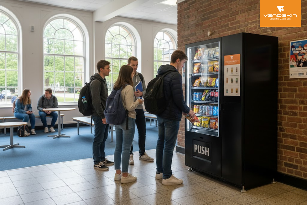 Students using a snack vending machine inside a university campus building.