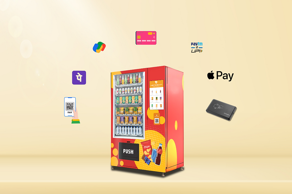 Vendekin smart vending machine with cashless payments—UPI (PhonePe, Google Pay, Paytm), QR code scan, Apple Pay, RFID cards