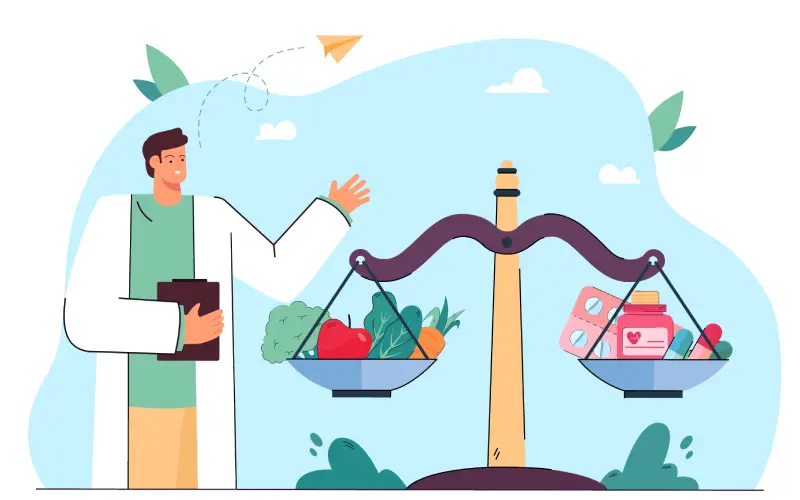 A doctor next to scales with pills and vegetables