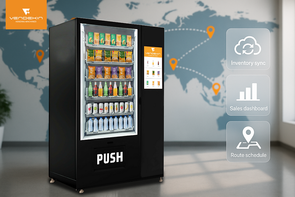 Vendekin smart vending machine with cloud-linked dashboard, highlighting multi-location operations