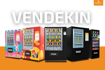 Vendekin smart vending machines lineup snack & beverage models in multiple sizes on a white and orange background