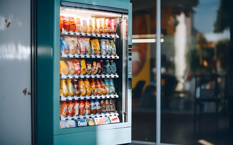 A vending machine filled with snacks and beverages